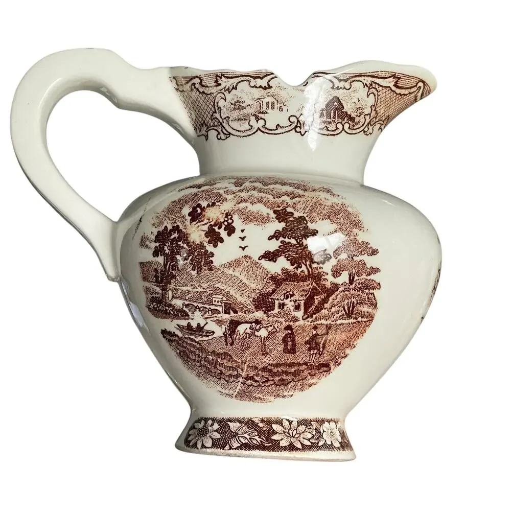 Brown Transferware Ironstone Pitcher & Plate Pastoral Vintage Small FLAWED